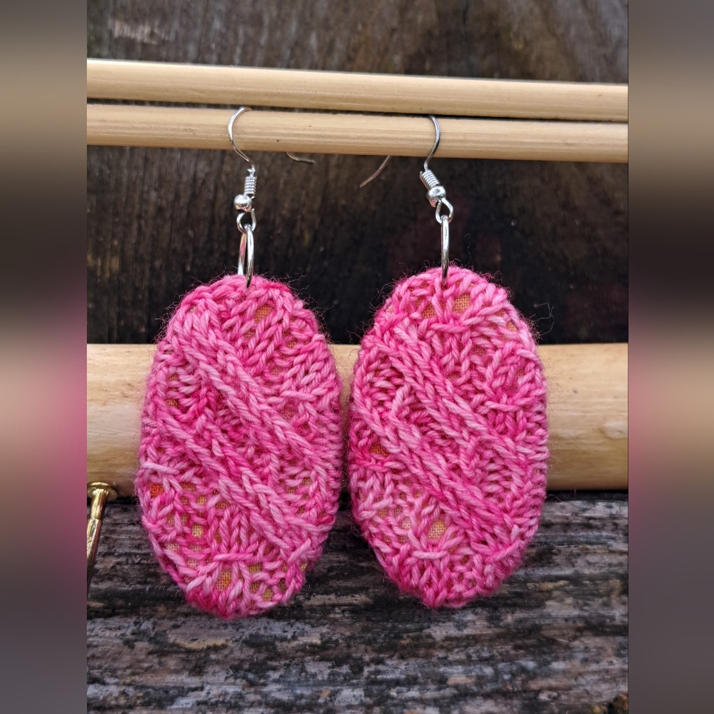 Oval Knit Earrings Pink Hand Dyed Yarn Multi Color Cotton